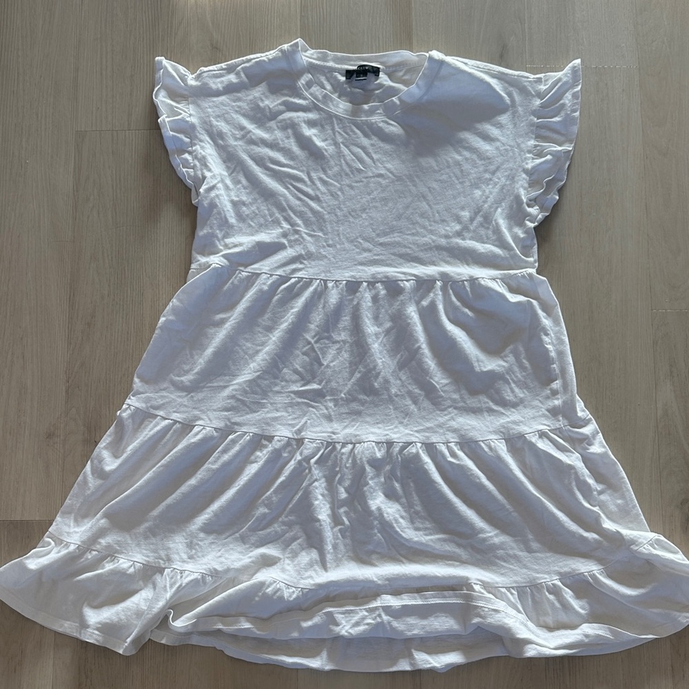 J. Crew White Crewneck Ruffle Tiered Dress